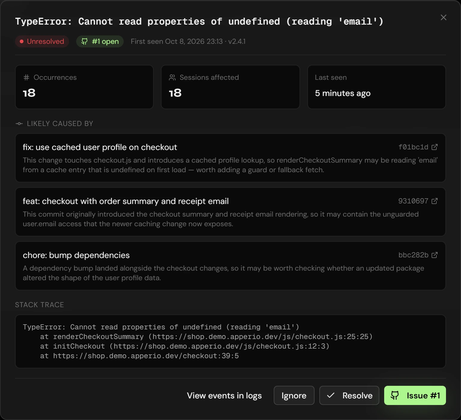 Apperio issue dialog for TypeError: Cannot read properties of undefined (reading 'email'), first seen on v2.4.1, with occurrences and sessions affected, and Likely caused by naming the commit fix: use cached user profile on checkout