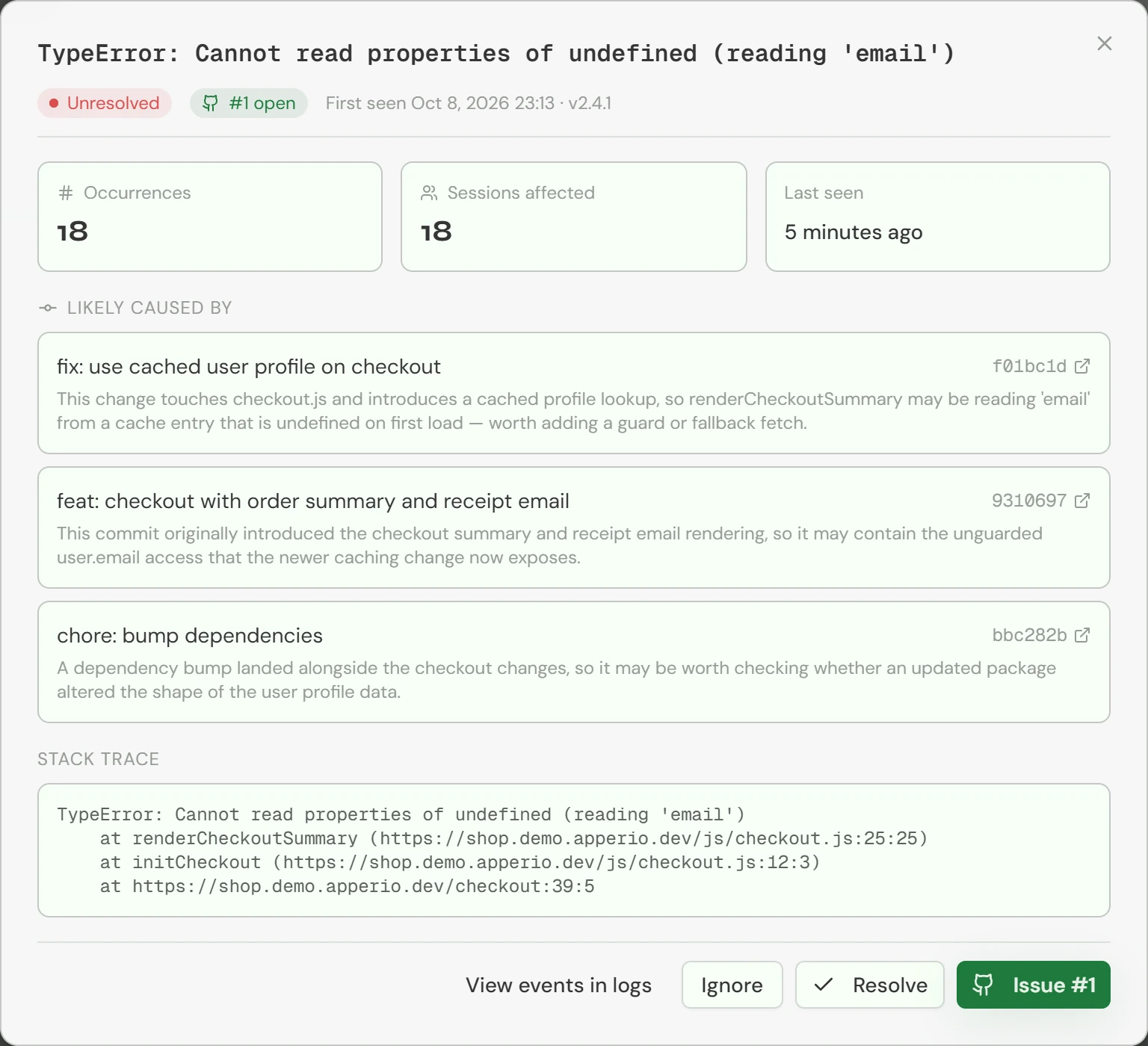 Apperio issue dialog for TypeError: Cannot read properties of undefined (reading 'email'), first seen on v2.4.1, with occurrences and sessions affected, and Likely caused by naming the commit fix: use cached user profile on checkout